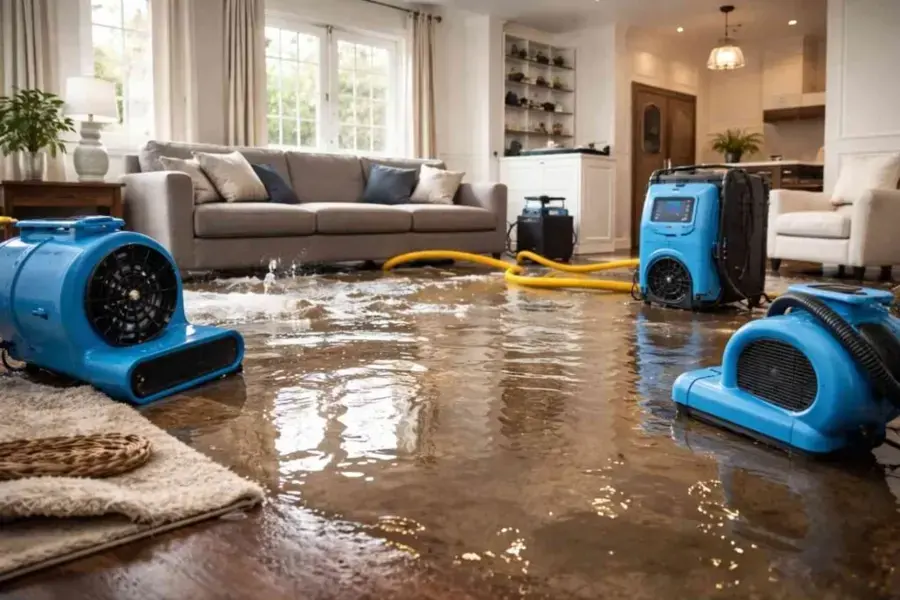 Air movers and a dehumidifier drying a flooded living room floor in Wake Forest, NC