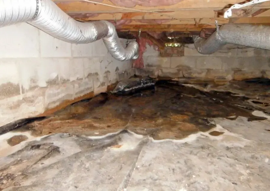 Water pooled on the clay floor of a vented crawl space under a Wake Forest home