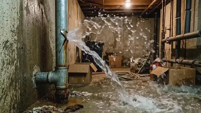 Burst supply pipe spraying water across a lower level in Wake Forest
