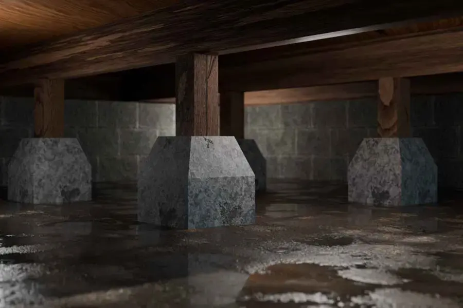 Standing water around the piers of a flooded crawl space in Wake Forest, NC