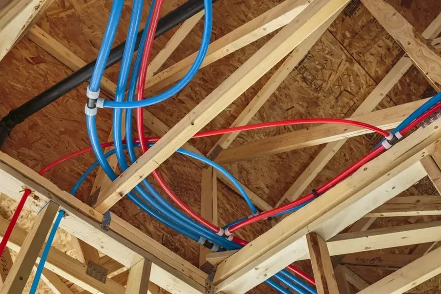 PEX supply lines run through new framing in a Wake Forest subdivision home
