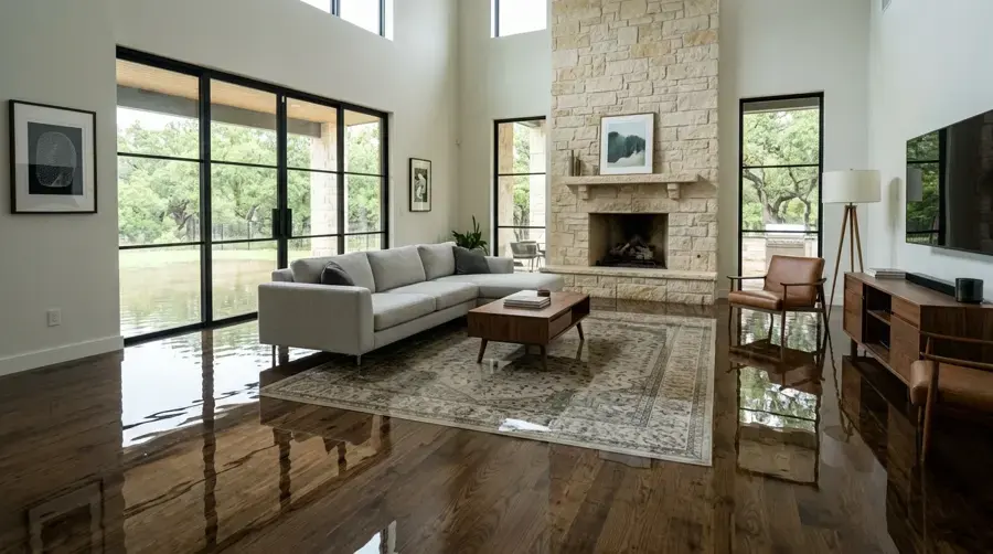 Storm floodwater across the floor of a Wake Forest living room
