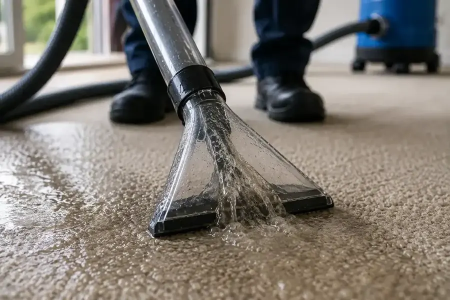 Extraction wand pulling standing water out of wet carpet in a Wake Forest home